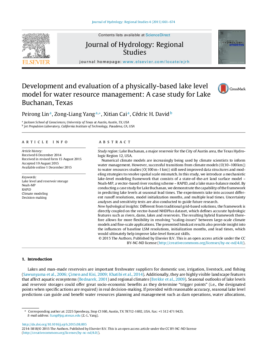 Development and evaluation of a physically-based lake level model for water resource management: A case study for Lake Buchanan, Texas