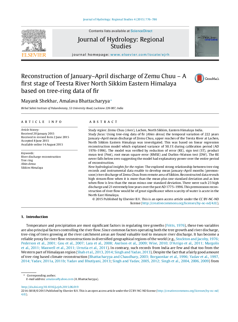 Reconstruction of January–April discharge of Zemu Chuu – A first stage of Teesta River North Sikkim Eastern Himalaya based on tree-ring data of fir