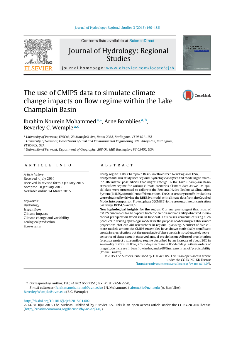 The use of CMIP5 data to simulate climate change impacts on flow regime within the Lake Champlain Basin