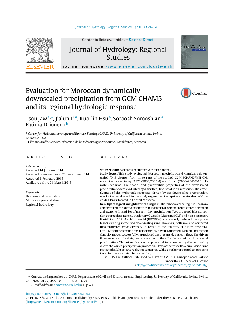 Evaluation for Moroccan dynamically downscaled precipitation from GCM CHAM5 and its regional hydrologic response