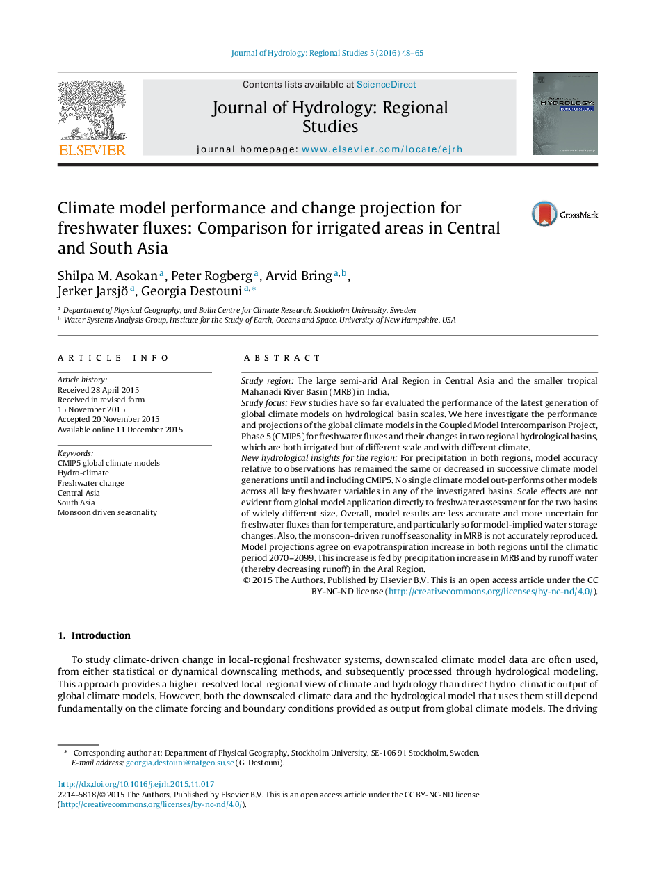 Climate model performance and change projection for freshwater fluxes: Comparison for irrigated areas in Central and South Asia