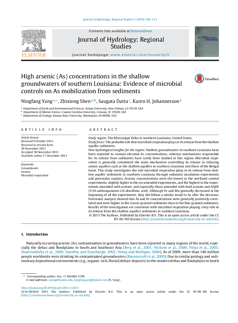 High arsenic (As) concentrations in the shallow groundwaters of southern Louisiana: Evidence of microbial controls on As mobilization from sediments