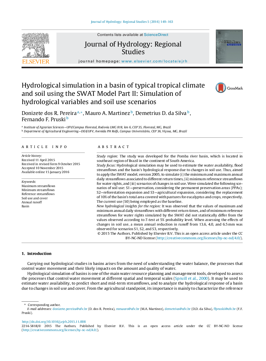 Hydrological simulation in a basin of typical tropical climate and soil using the SWAT Model Part II: Simulation of hydrological variables and soil use scenarios