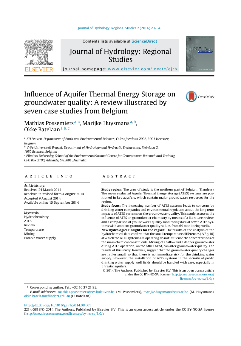 Influence of Aquifer Thermal Energy Storage on groundwater quality: A review illustrated by seven case studies from Belgium