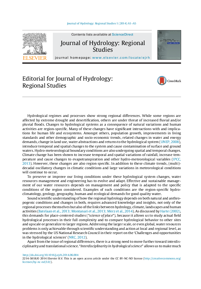 Editorial for Journal of Hydrology: Regional Studies