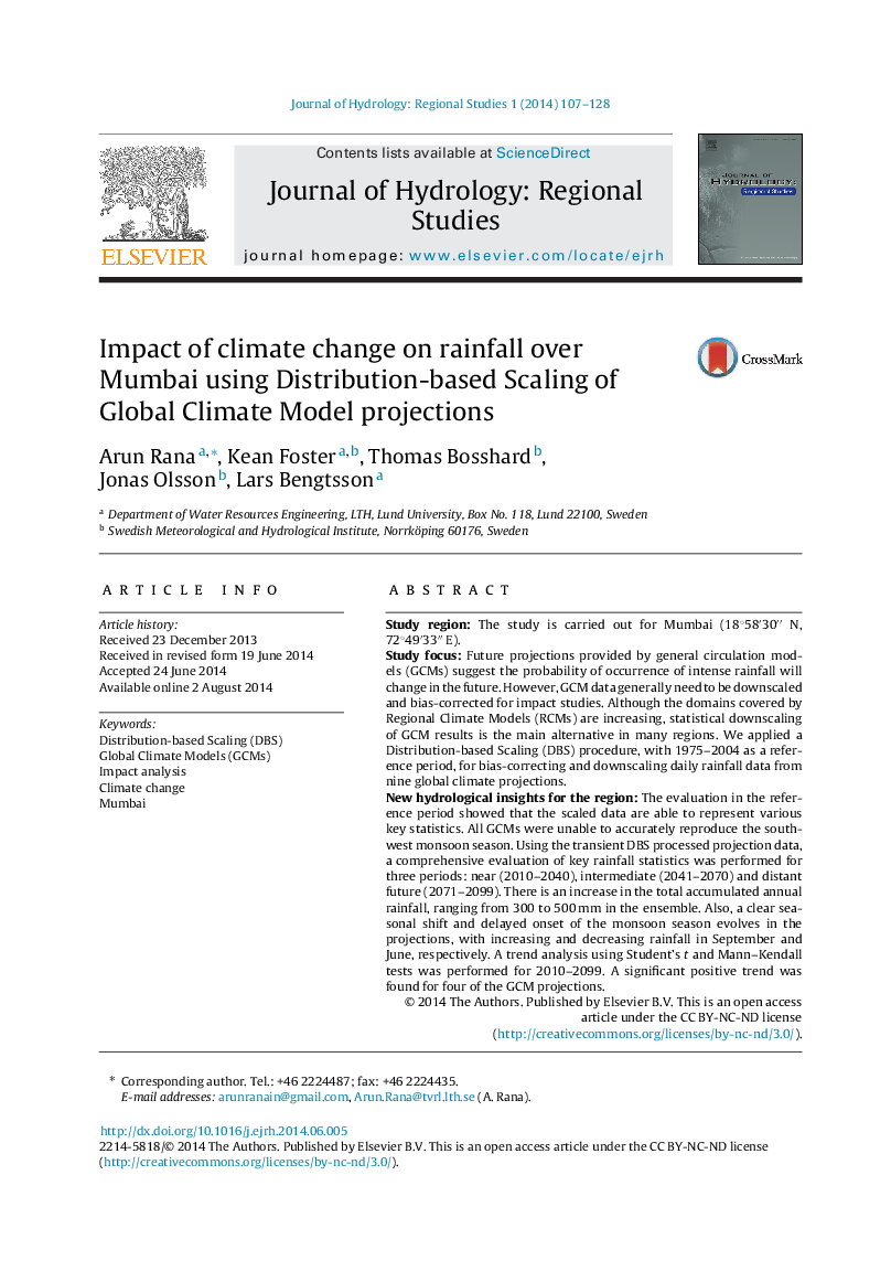 Impact of climate change on rainfall over Mumbai using Distribution-based Scaling of Global Climate Model projections