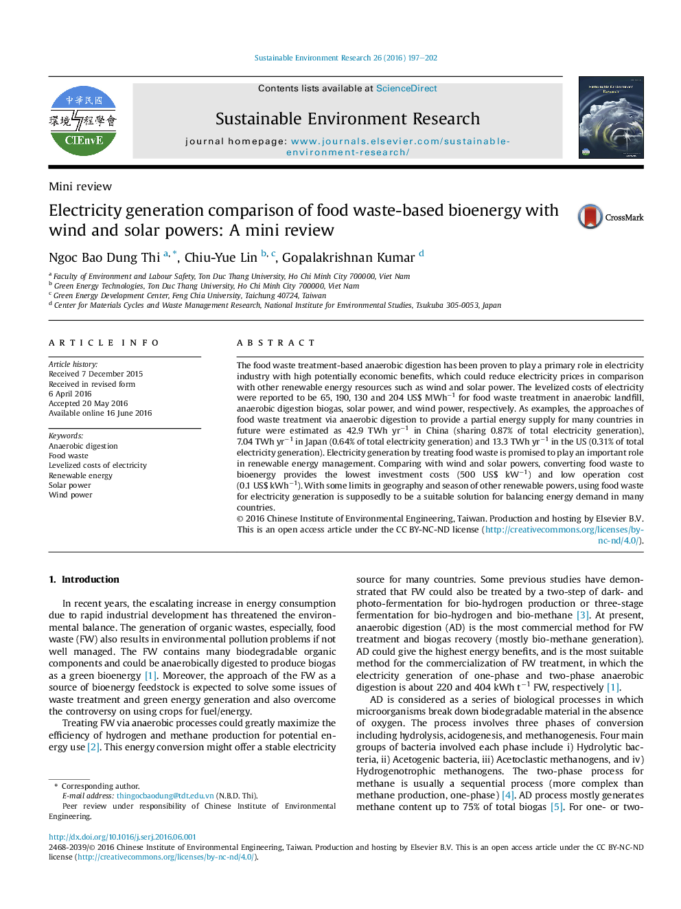 Electricity generation comparison of food waste-based bioenergy with wind and solar powers: A mini review 