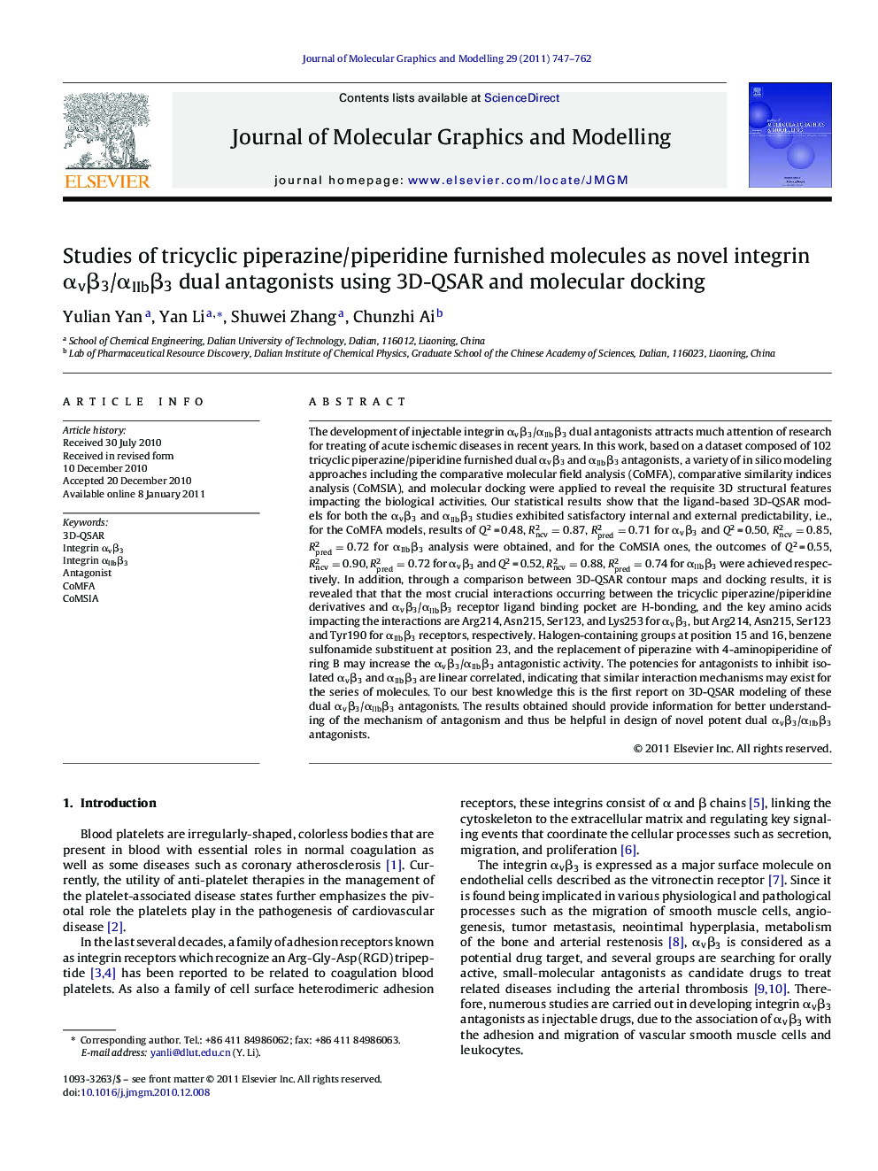 Studies of tricyclic piperazine/piperidine furnished molecules as novel integrin αvβ3/αIIbβ3 dual antagonists using 3D-QSAR and molecular docking