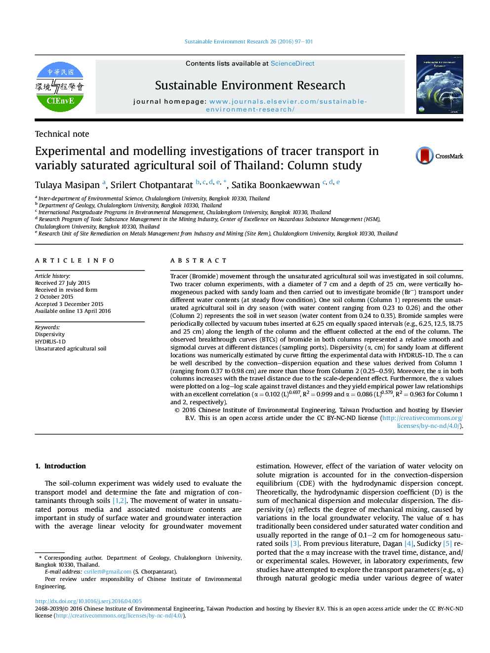 Experimental and modelling investigations of tracer transport in variably saturated agricultural soil of Thailand: Column study 