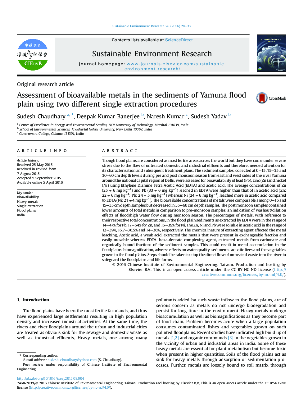 Assessment of bioavailable metals in the sediments of Yamuna flood plain using two different single extraction procedures 