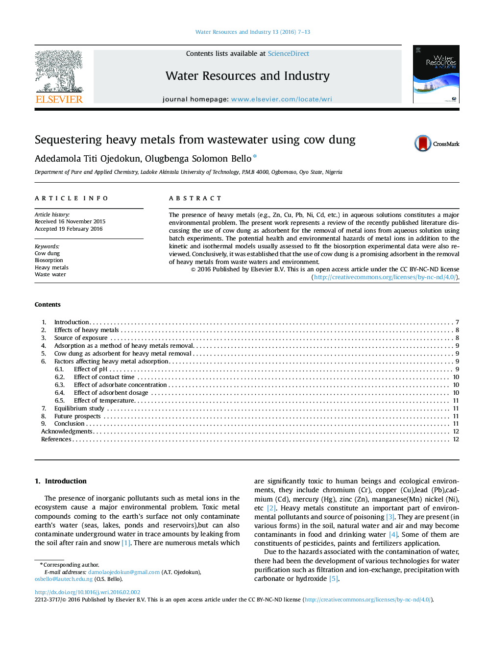 Sequestering heavy metals from wastewater using cow dung