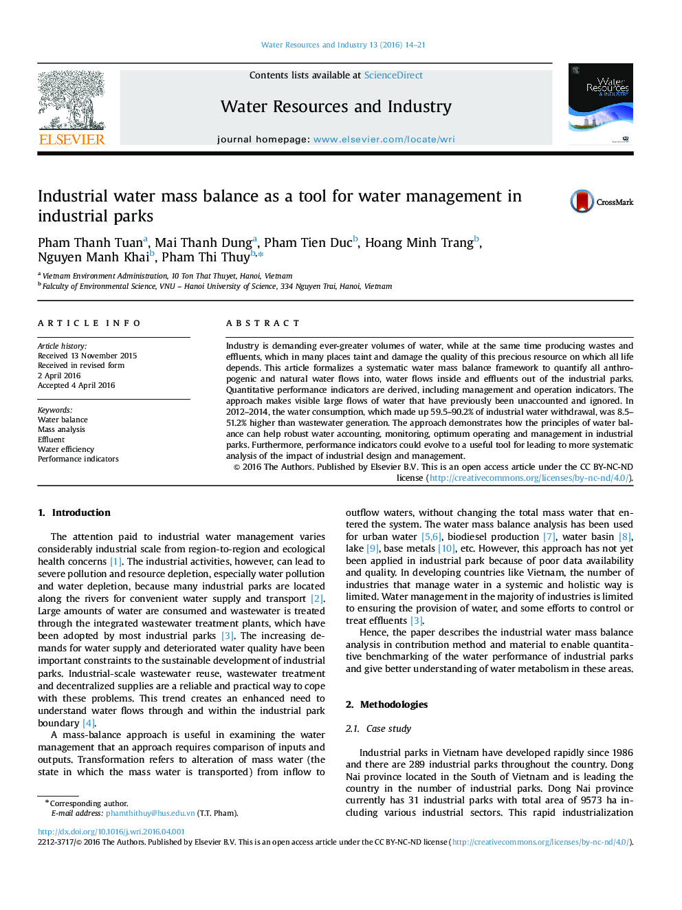 Industrial water mass balance as a tool for water management in industrial parks