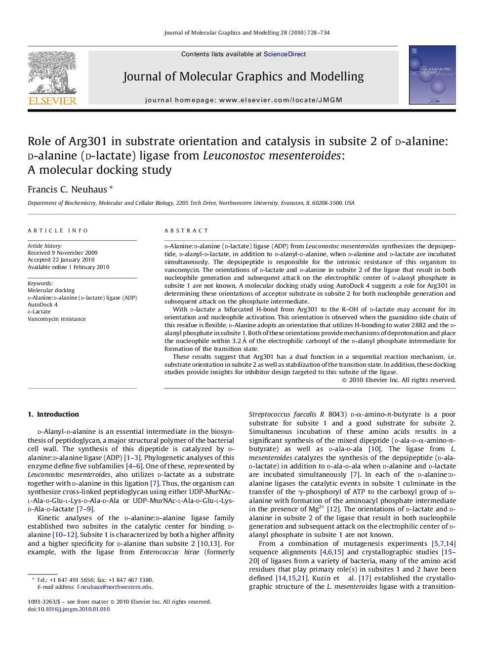 Role of Arg301 in substrate orientation and catalysis in subsite 2 of d-alanine:d-alanine (d-lactate) ligase from Leuconostoc mesenteroides: A molecular docking study