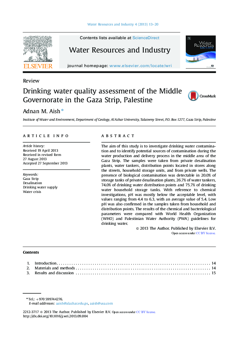 Drinking water quality assessment of the Middle Governorate in the Gaza Strip, Palestine