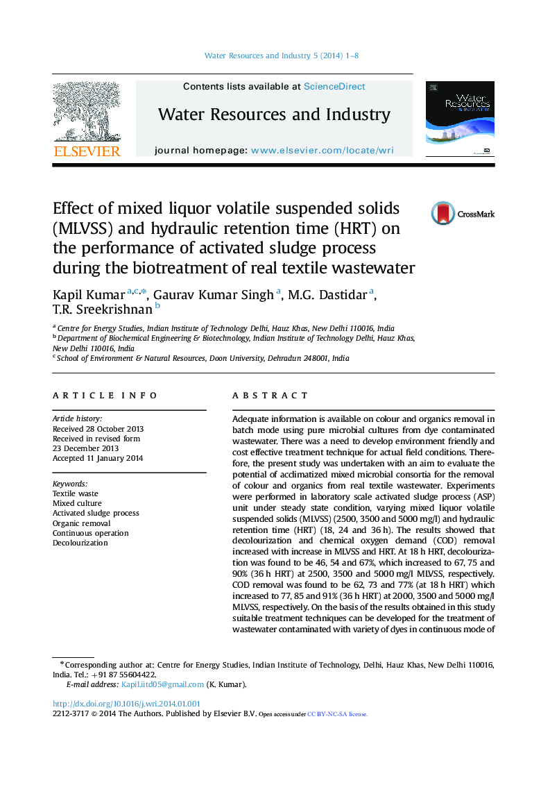 Effect of mixed liquor volatile suspended solids (MLVSS) and hydraulic retention time (HRT) on the performance of activated sludge process during the biotreatment of real textile wastewater