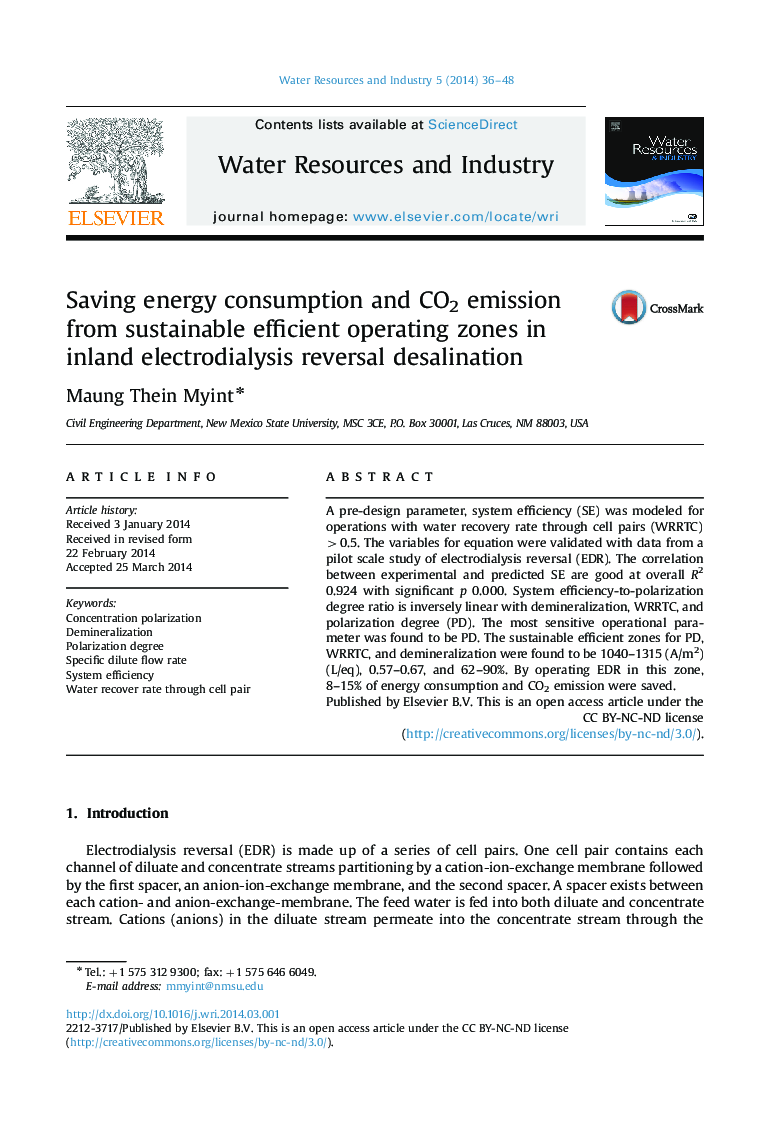 Saving energy consumption and CO2 emission from sustainable efficient operating zones in inland electrodialysis reversal desalination