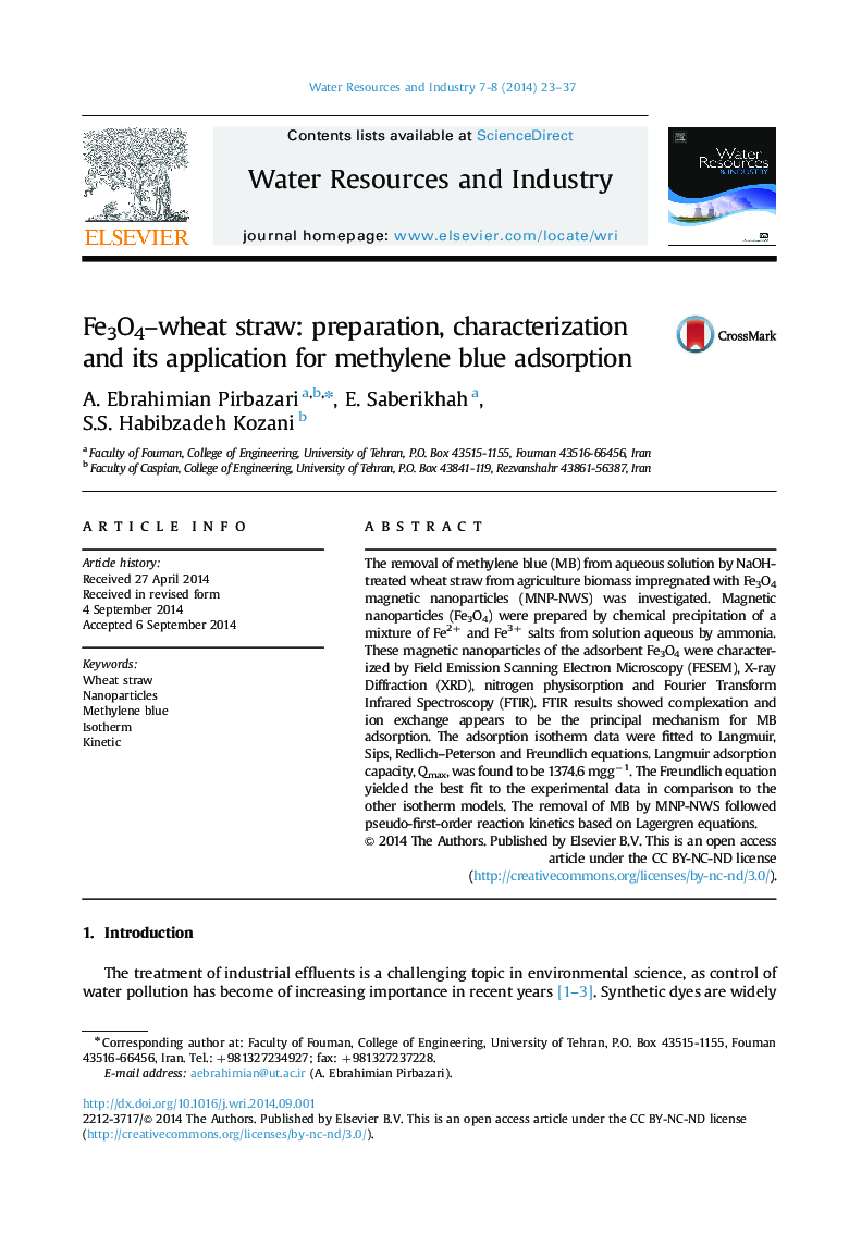 Fe3O4–wheat straw: preparation, characterization and its application for methylene blue adsorption