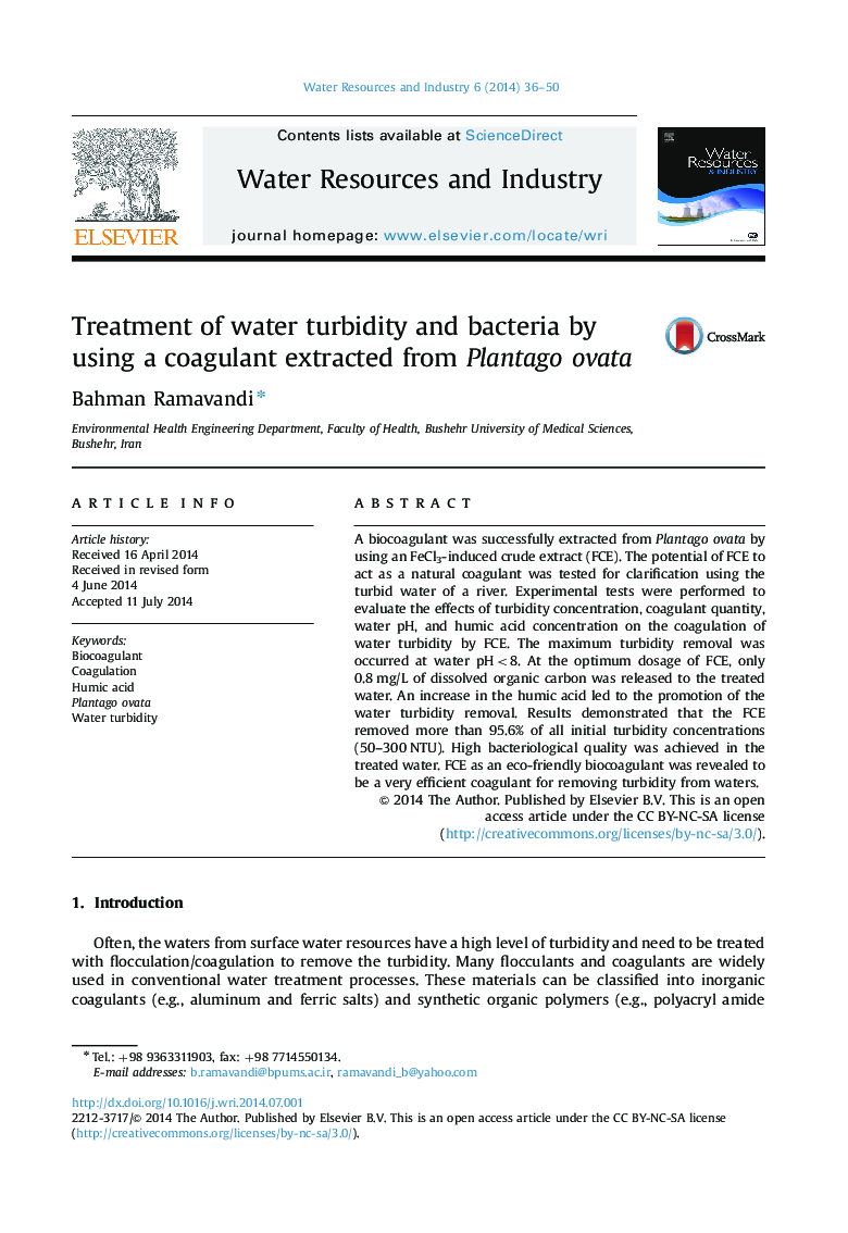 Treatment of water turbidity and bacteria by using a coagulant extracted from Plantago ovata