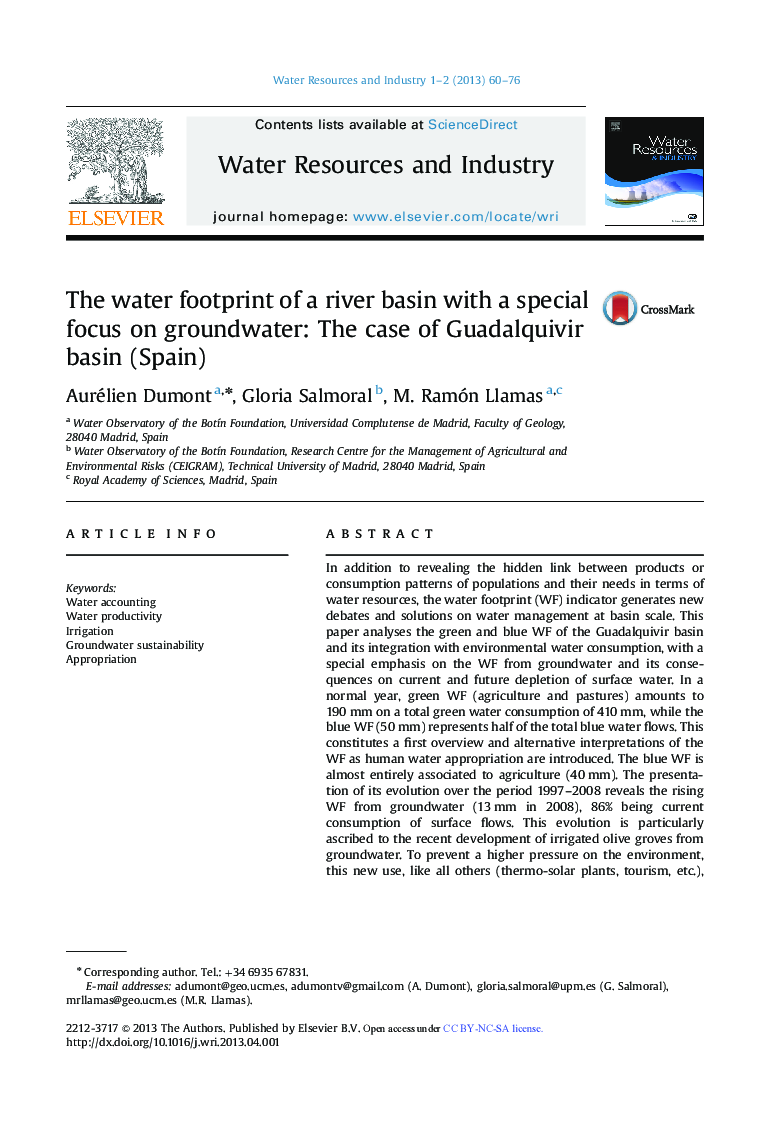 The water footprint of a river basin with a special focus on groundwater: The case of Guadalquivir basin (Spain)