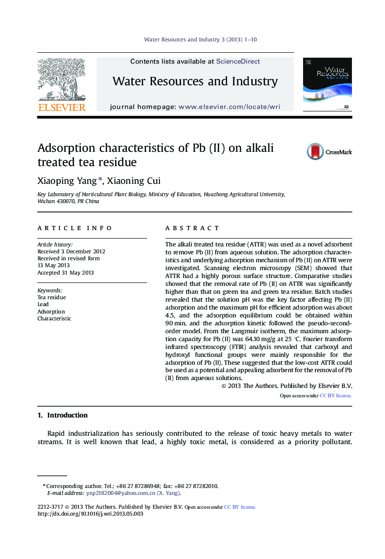 Adsorption characteristics of Pb (II) on alkali treated tea residue