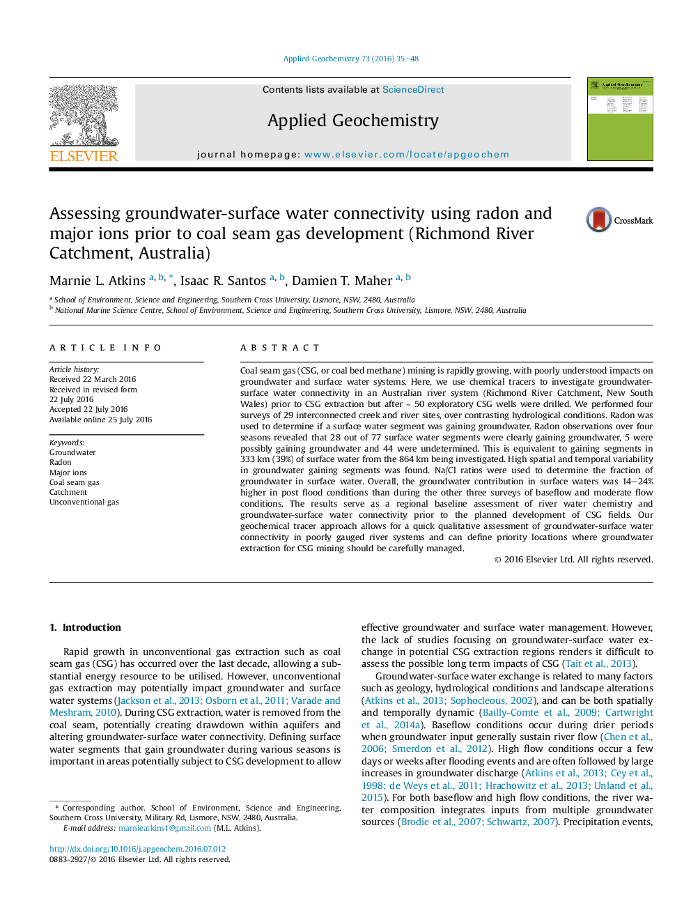 Assessing groundwater-surface water connectivity using radon and major ions prior to coal seam gas development (Richmond River Catchment, Australia)