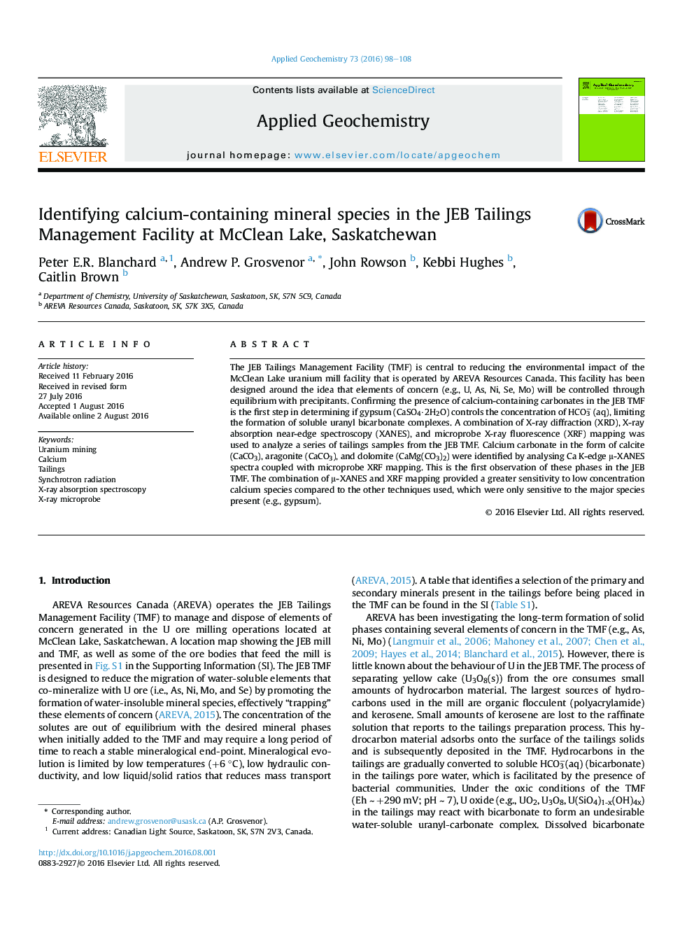 Identifying calcium-containing mineral species in the JEB Tailings Management Facility at McClean Lake, Saskatchewan