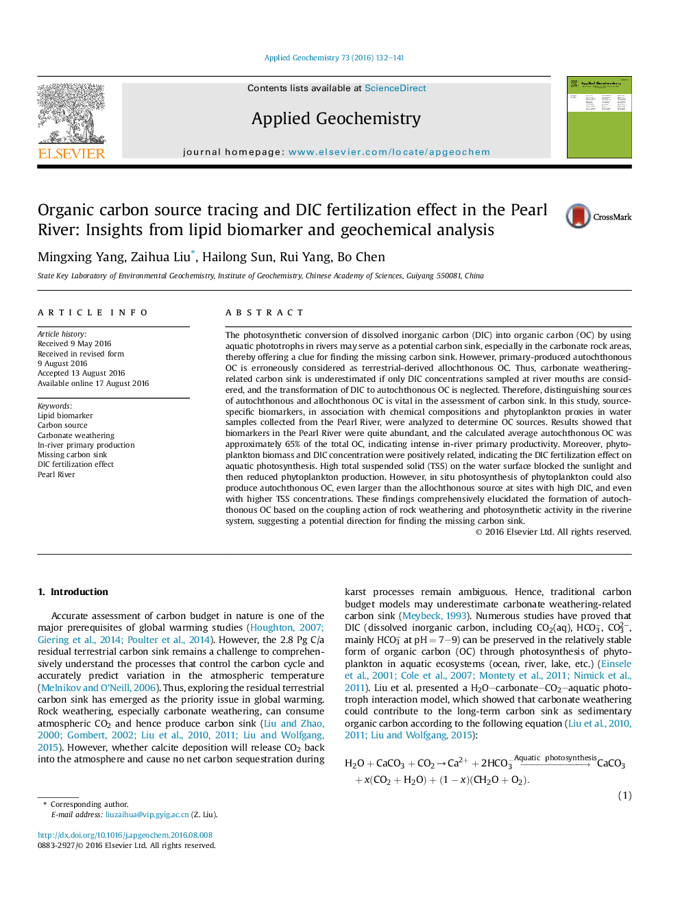 Organic carbon source tracing and DIC fertilization effect in the Pearl River: Insights from lipid biomarker and geochemical analysis