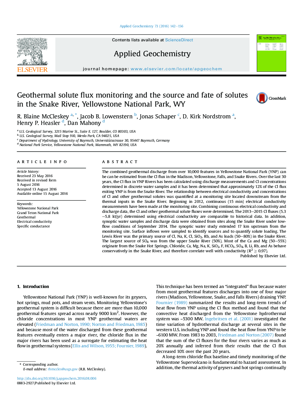 Geothermal solute flux monitoring and the source and fate of solutes in the Snake River, Yellowstone National Park, WY