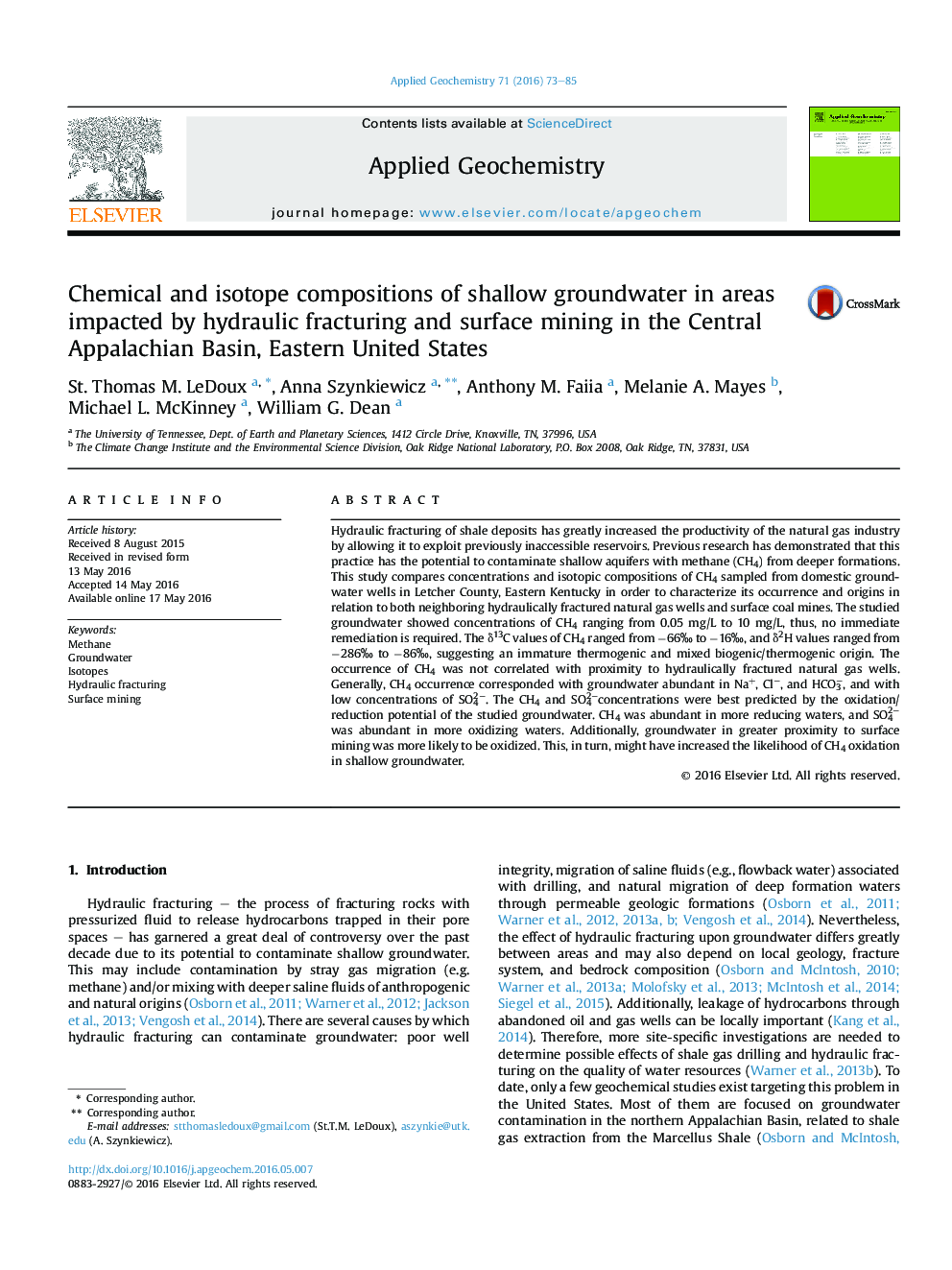 Chemical and isotope compositions of shallow groundwater in areas impacted by hydraulic fracturing and surface mining in the Central Appalachian Basin, Eastern United States