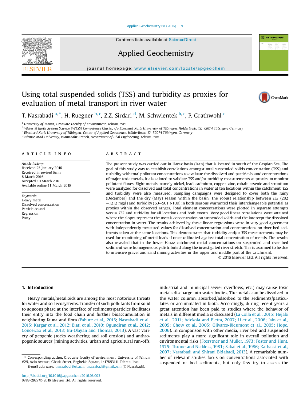 Using total suspended solids (TSS) and turbidity as proxies for evaluation of metal transport in river water