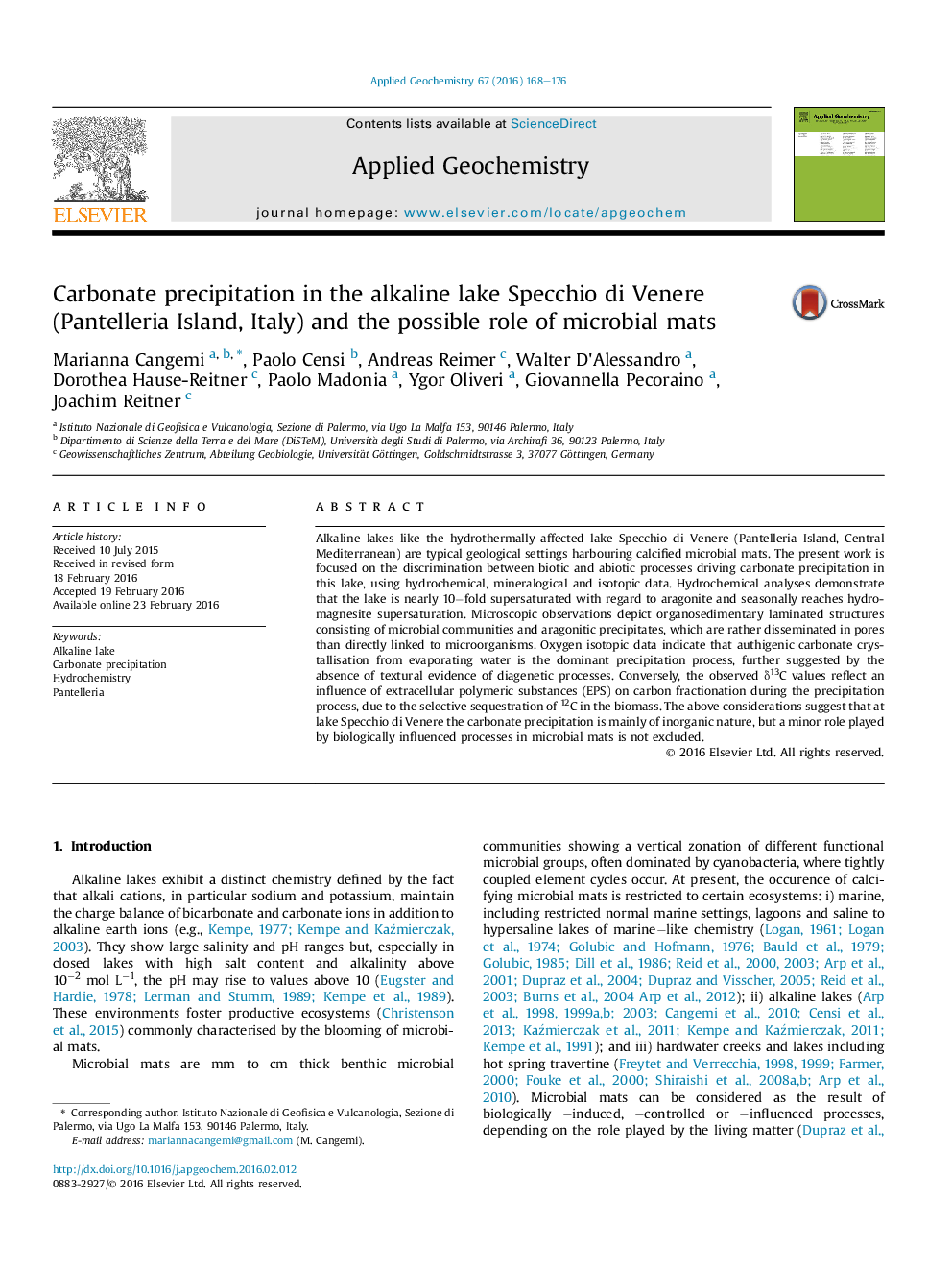 Carbonate precipitation in the alkaline lake Specchio di Venere (Pantelleria Island, Italy) and the possible role of microbial mats