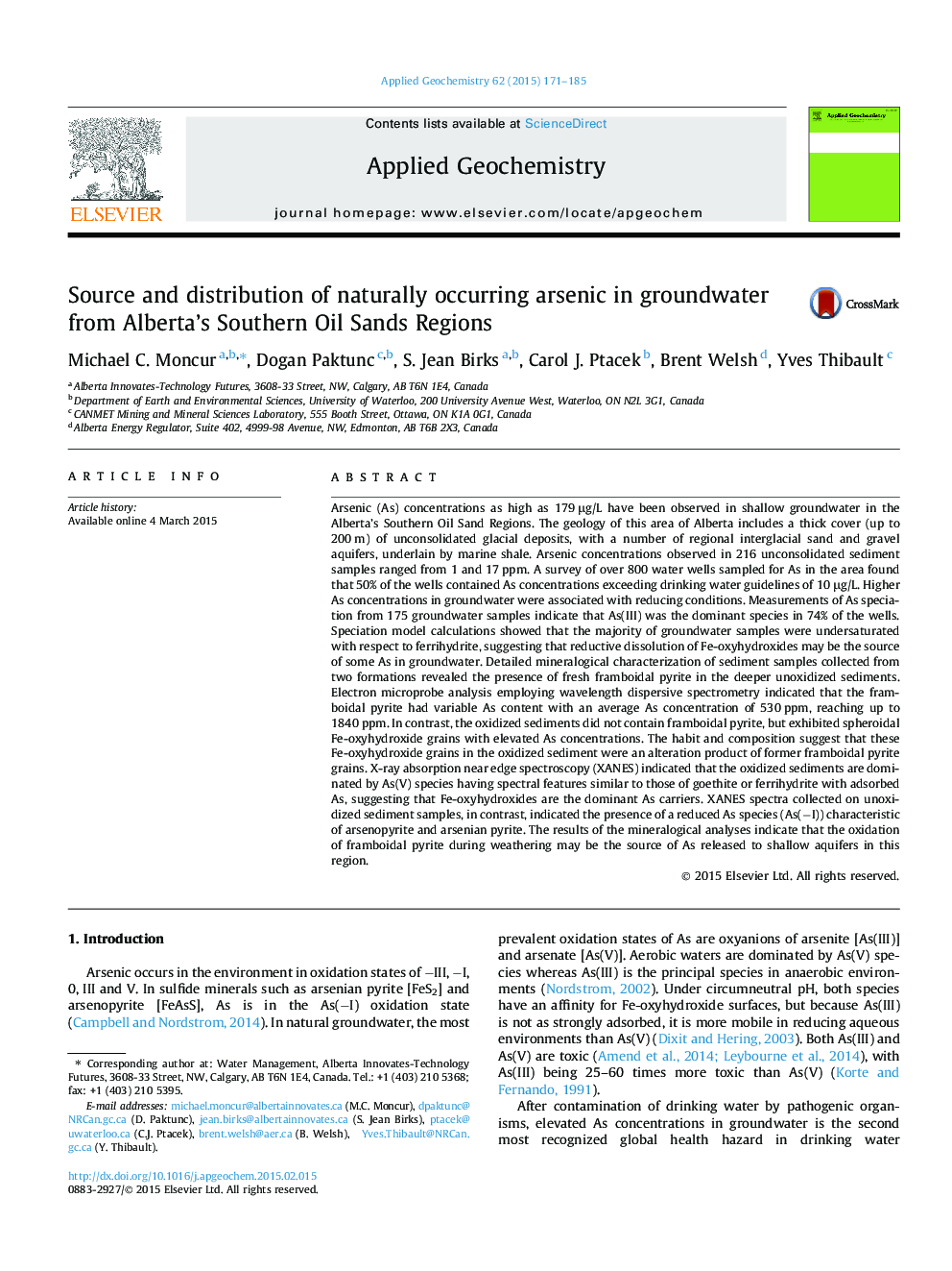 Source and distribution of naturally occurring arsenic in groundwater from Alberta’s Southern Oil Sands Regions