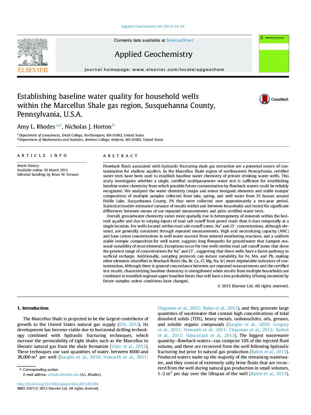Establishing baseline water quality for household wells within the Marcellus Shale gas region, Susquehanna County, Pennsylvania, U.S.A.