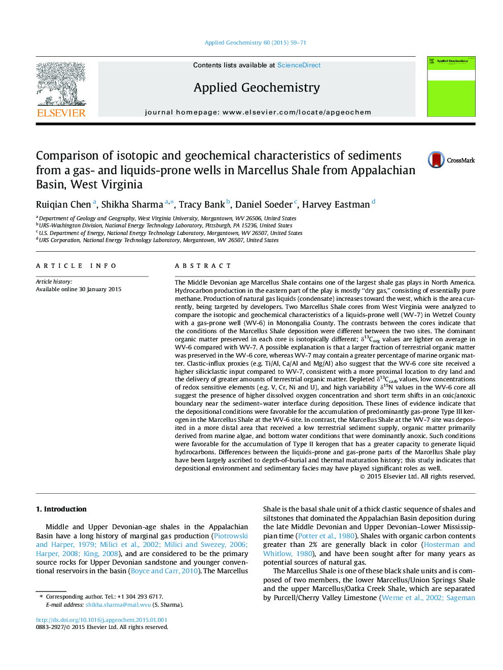 Comparison of isotopic and geochemical characteristics of sediments from a gas- and liquids-prone wells in Marcellus Shale from Appalachian Basin, West Virginia