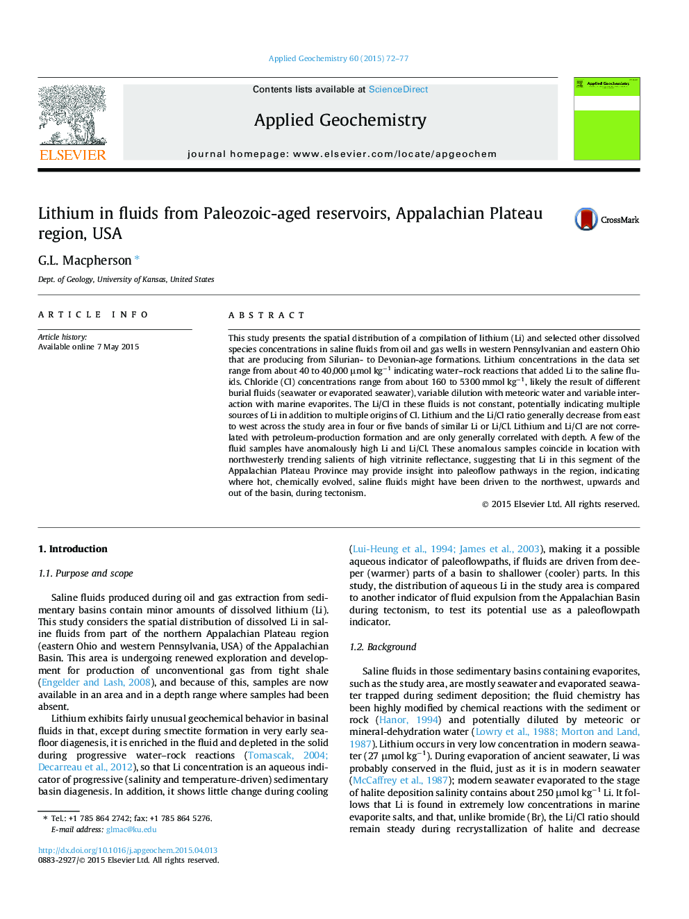 Lithium in fluids from Paleozoic-aged reservoirs, Appalachian Plateau region, USA