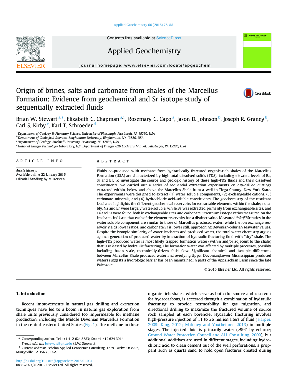 Origin of brines, salts and carbonate from shales of the Marcellus Formation: Evidence from geochemical and Sr isotope study of sequentially extracted fluids