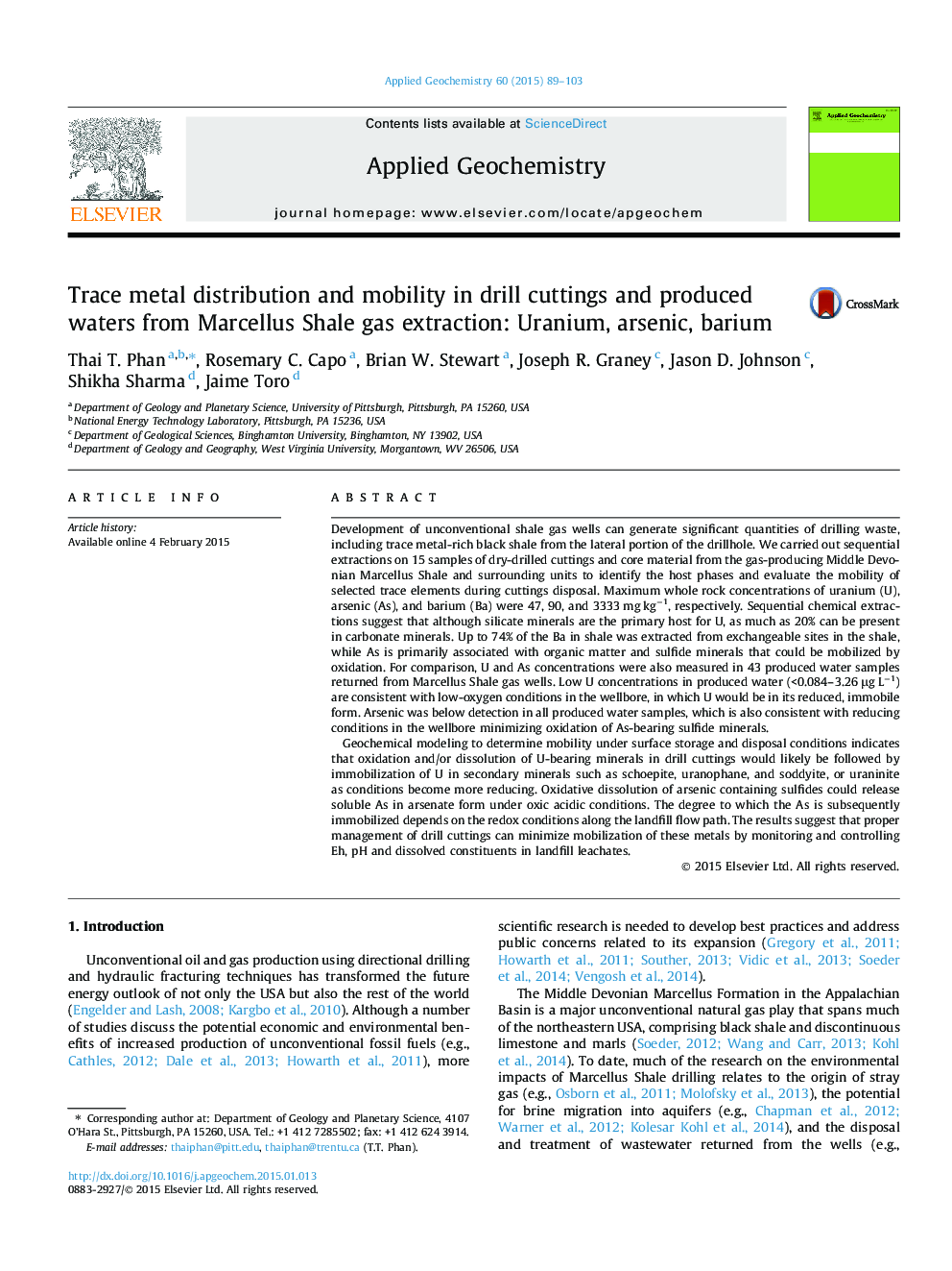 Trace metal distribution and mobility in drill cuttings and produced waters from Marcellus Shale gas extraction: Uranium, arsenic, barium
