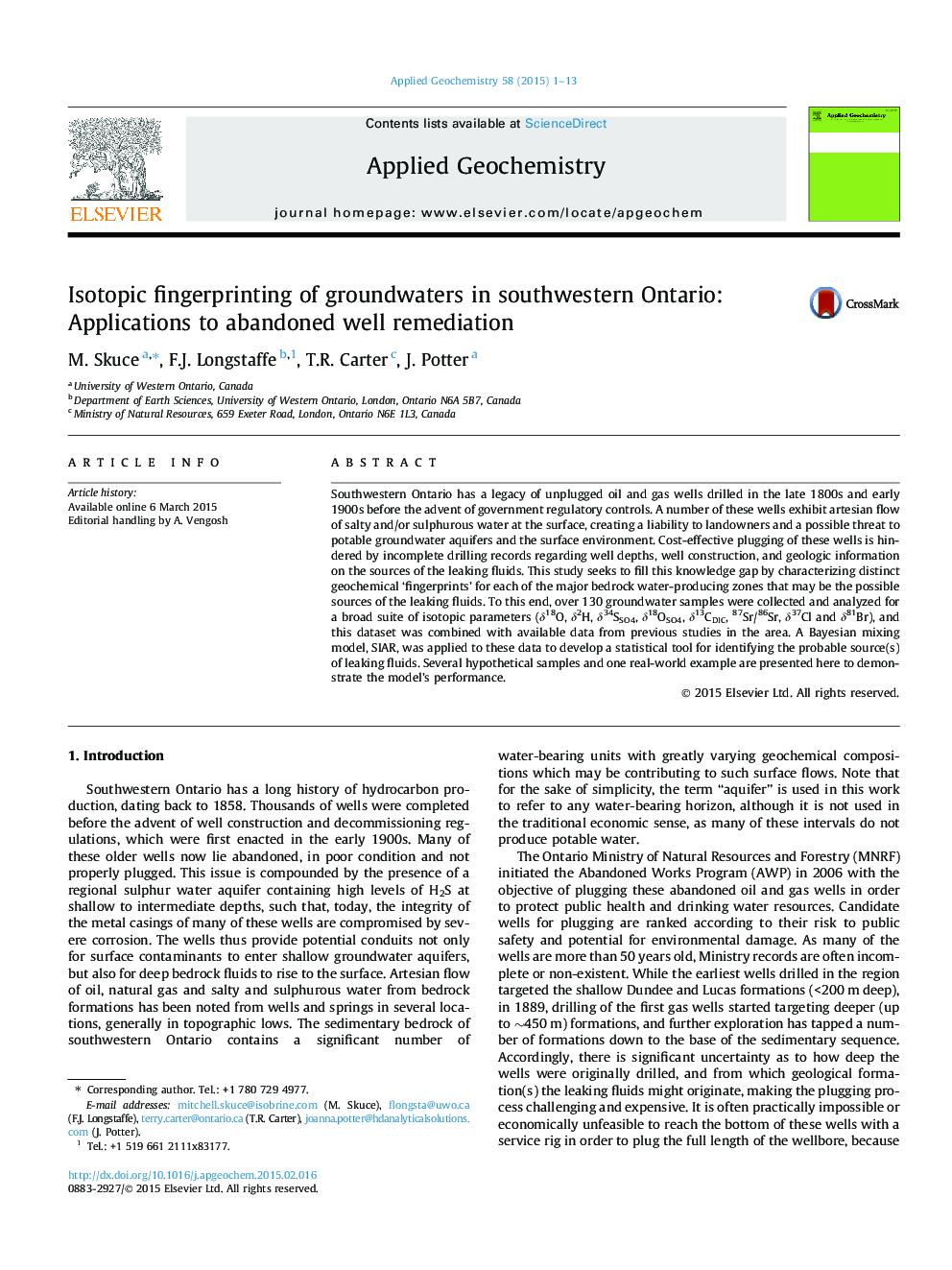 Isotopic fingerprinting of groundwaters in southwestern Ontario: Applications to abandoned well remediation