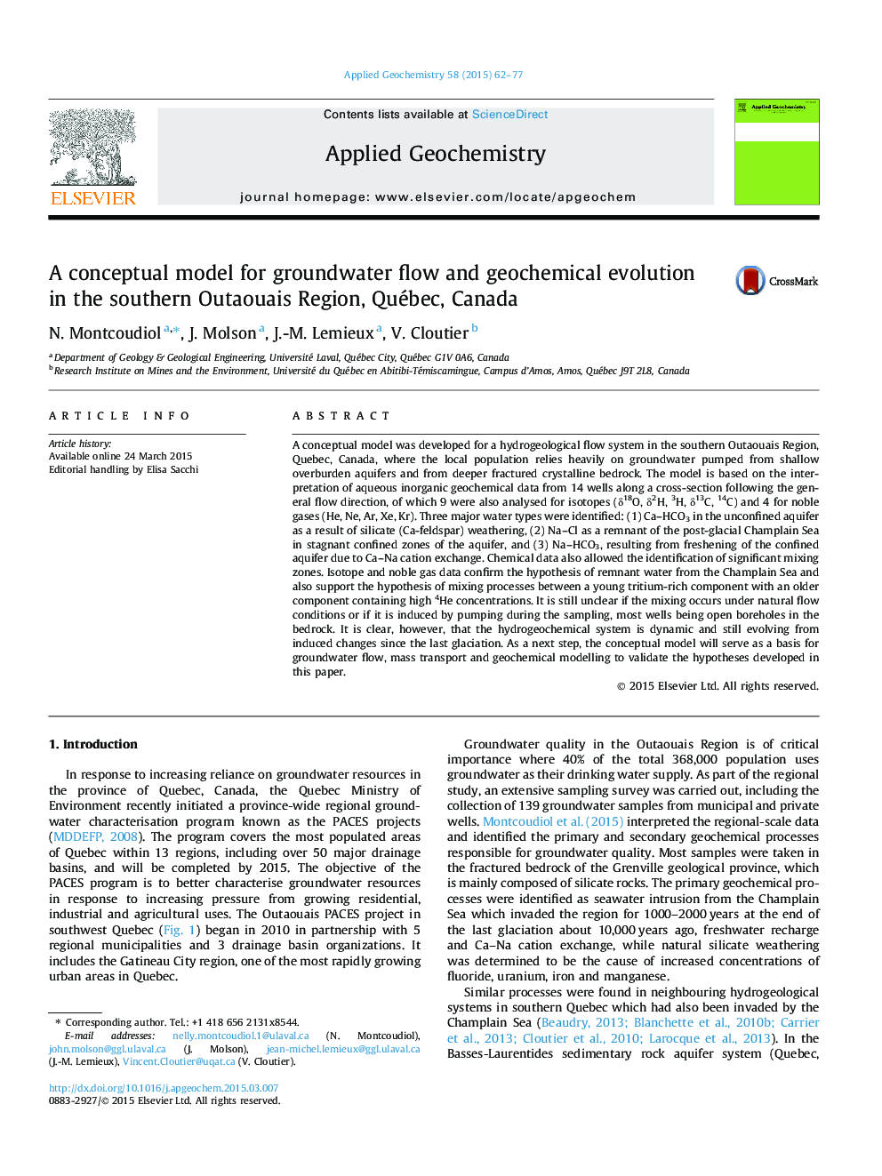 A conceptual model for groundwater flow and geochemical evolution in the southern Outaouais Region, Québec, Canada