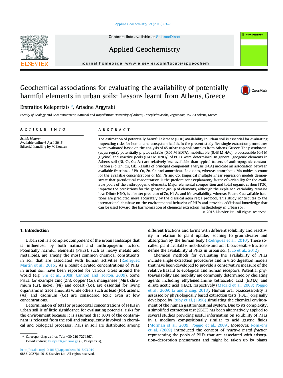 Geochemical associations for evaluating the availability of potentially harmful elements in urban soils: Lessons learnt from Athens, Greece