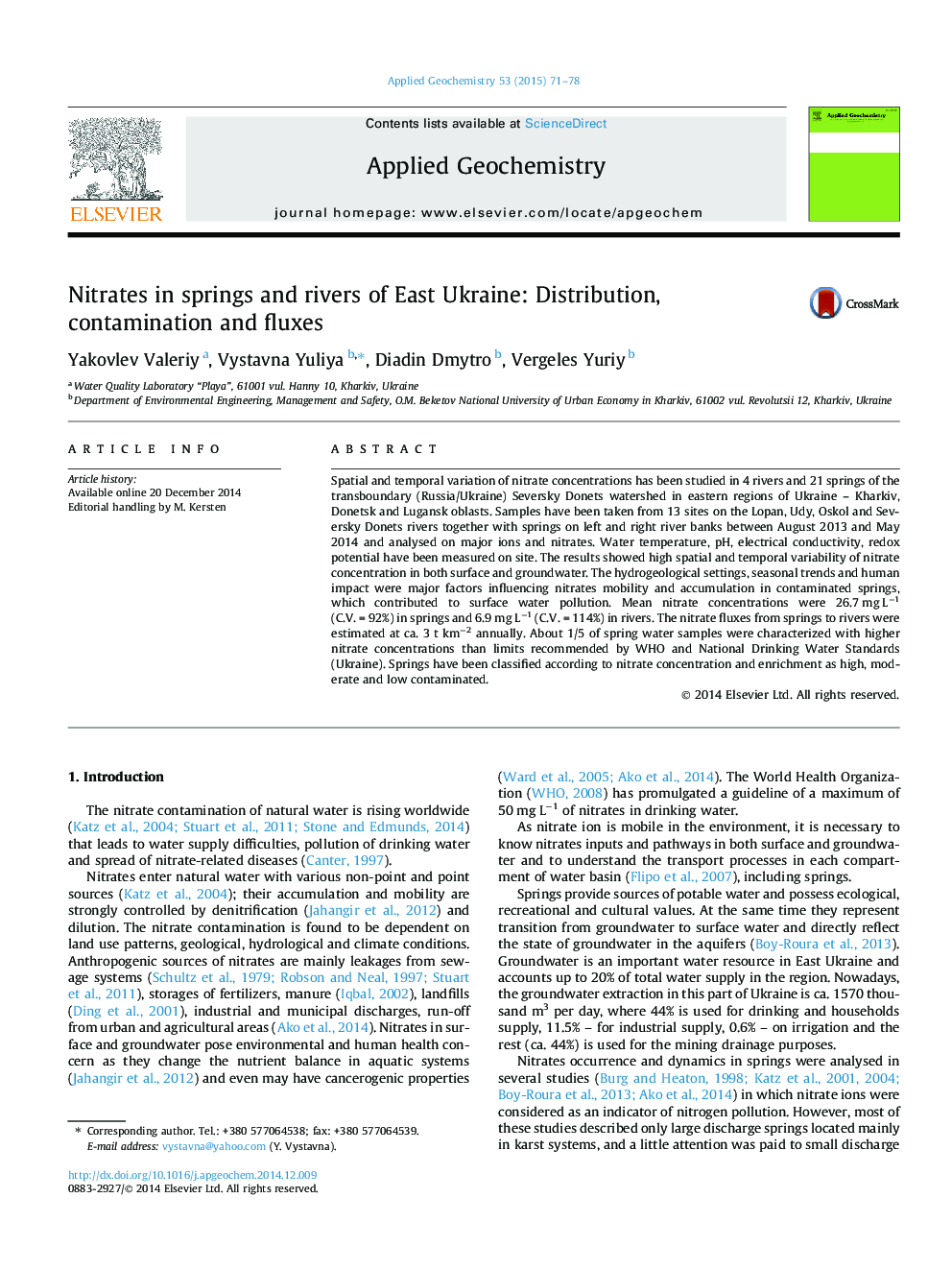 Nitrates in springs and rivers of East Ukraine: Distribution, contamination and fluxes