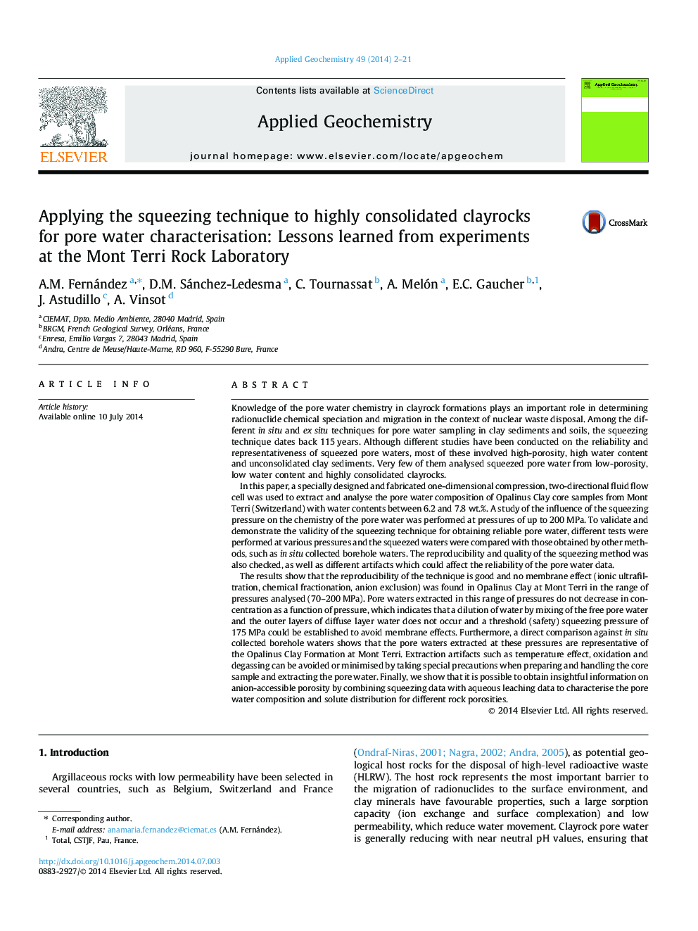 Applying the squeezing technique to highly consolidated clayrocks for pore water characterisation: Lessons learned from experiments at the Mont Terri Rock Laboratory