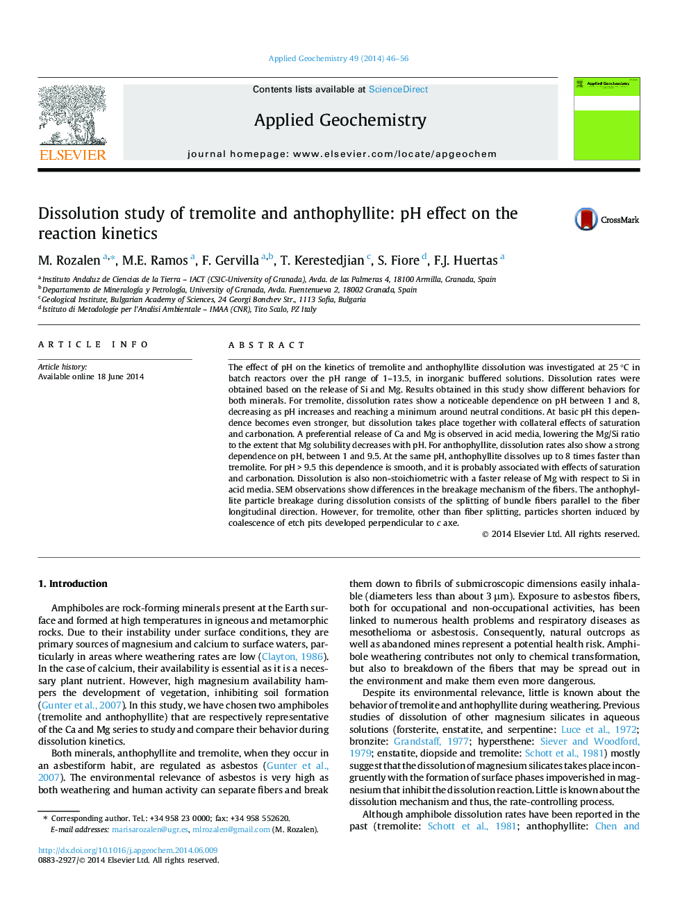 Dissolution study of tremolite and anthophyllite: pH effect on the reaction kinetics