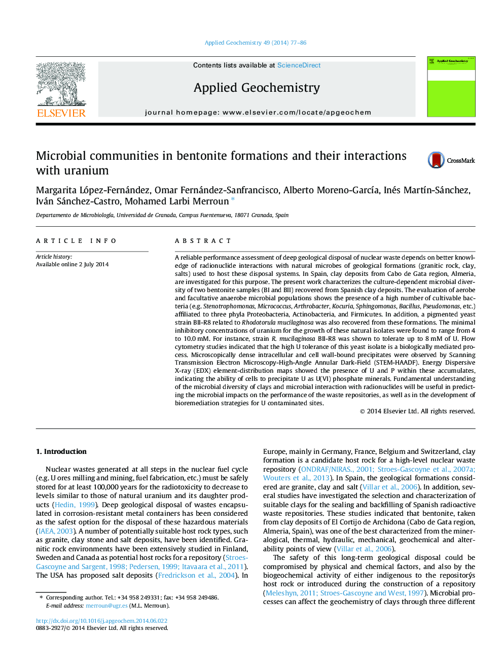 Microbial communities in bentonite formations and their interactions with uranium