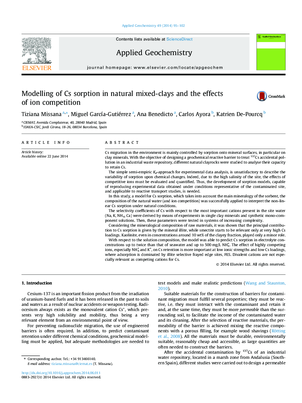 Modelling of Cs sorption in natural mixed-clays and the effects of ion competition