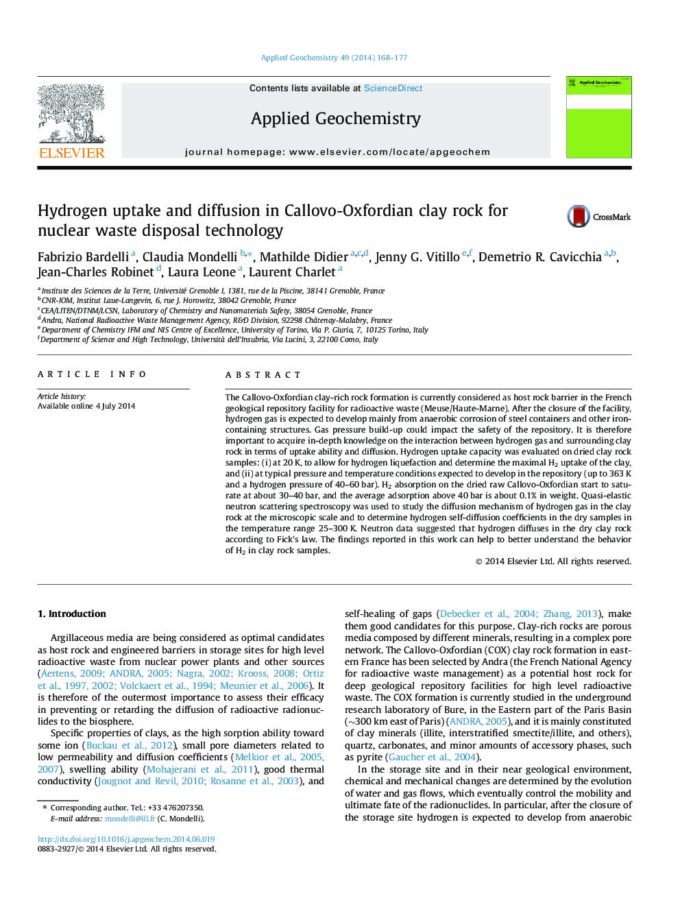 Hydrogen uptake and diffusion in Callovo-Oxfordian clay rock for nuclear waste disposal technology