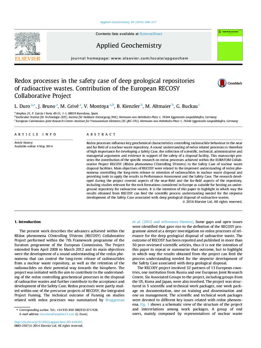 Redox processes in the safety case of deep geological repositories of radioactive wastes. Contribution of the European RECOSY Collaborative Project