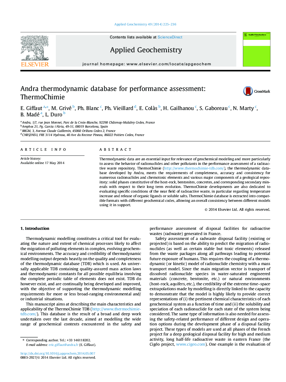 Andra thermodynamic database for performance assessment: ThermoChimie