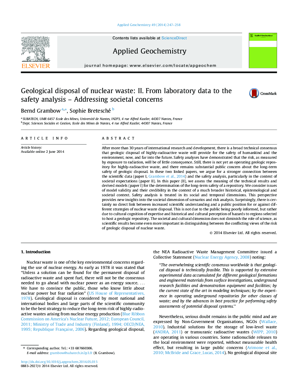 Geological disposal of nuclear waste: II. From laboratory data to the safety analysis – Addressing societal concerns