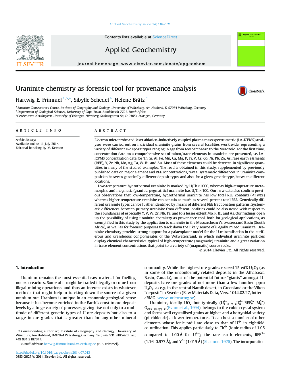 Uraninite chemistry as forensic tool for provenance analysis